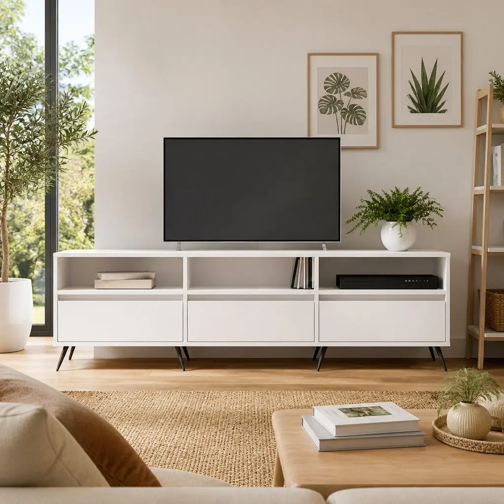 TV Cabinet Engineered Wood 150x30x44.5 cm White Storage Unit with 6 Compartments