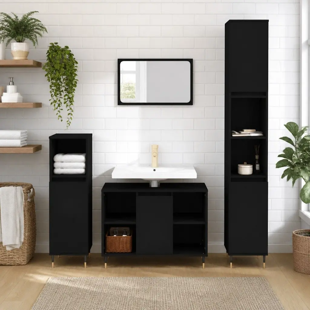 Bathroom Cabinet Black 30x30x100 cm Storage Furniture with Compartments and