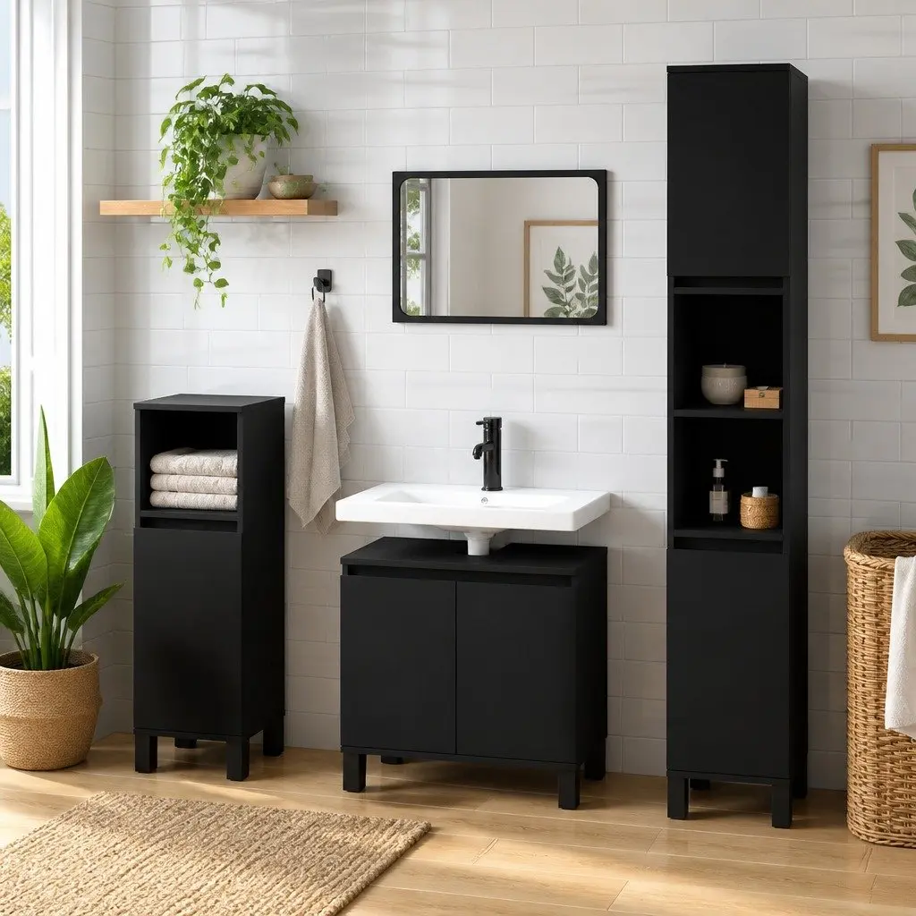 Black Bathroom Cabinet Storage Furniture 58x33x60 cm Engineered Wood Doors
