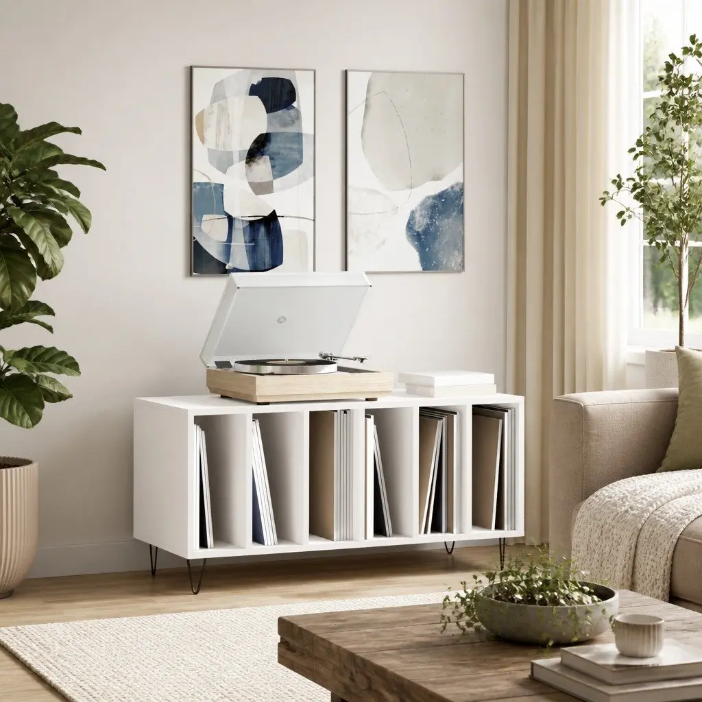 Record Cabinet White Storage Furniture Engineered Wood Vinyl LP Display Unit