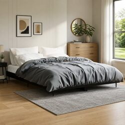 Bed Frame Black 135x190 cm Engineered Wood Slatted Base Metal Legs Bedroom