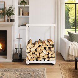 Wooden Log Holder with Wheels White Storage Rack Firewood Indoor Outdoor