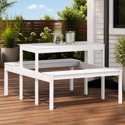 Outdoor Picnic Table White Solid Wood Garden Dining Bench Patio Furniture