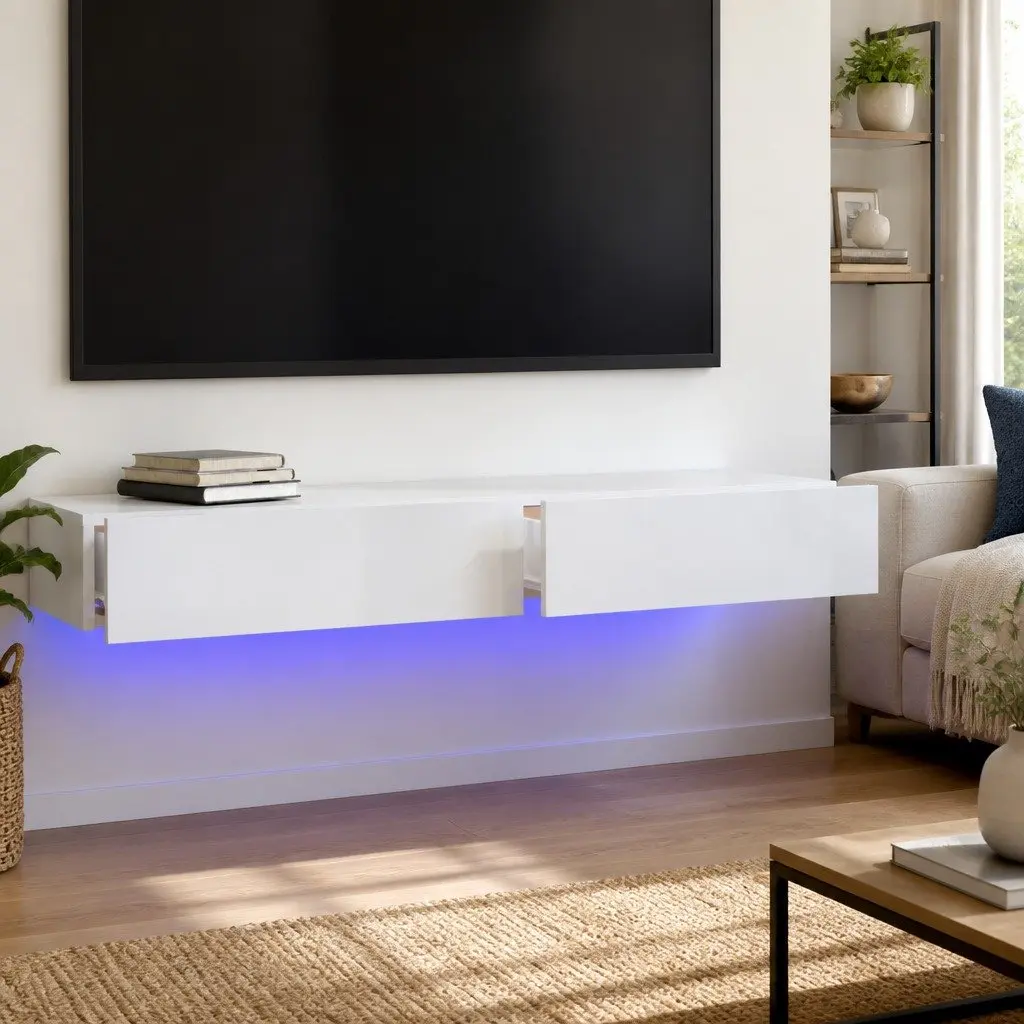TV Stand Unit with LED Lights High Gloss White 120x35x15.5 cm
