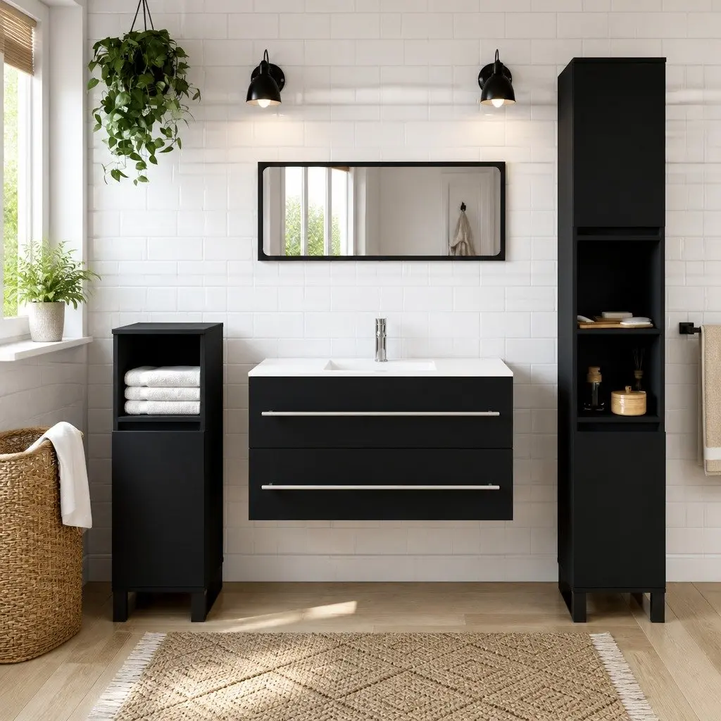 Bathroom Cabinet with Mirror Wall-Mounted Storage Black Engineered Wood Vanity