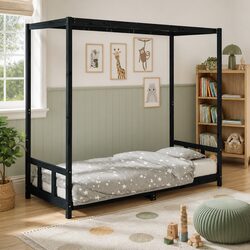 Kids Bed Frame Black 90x190 cm Wooden Slats Canopy Toddler Single Bed