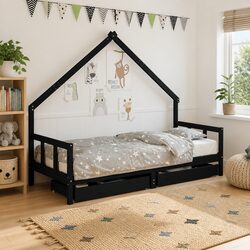 Kids Bed Frame with Storage Drawers 90x190 cm House Design Toddler Wooden Bed