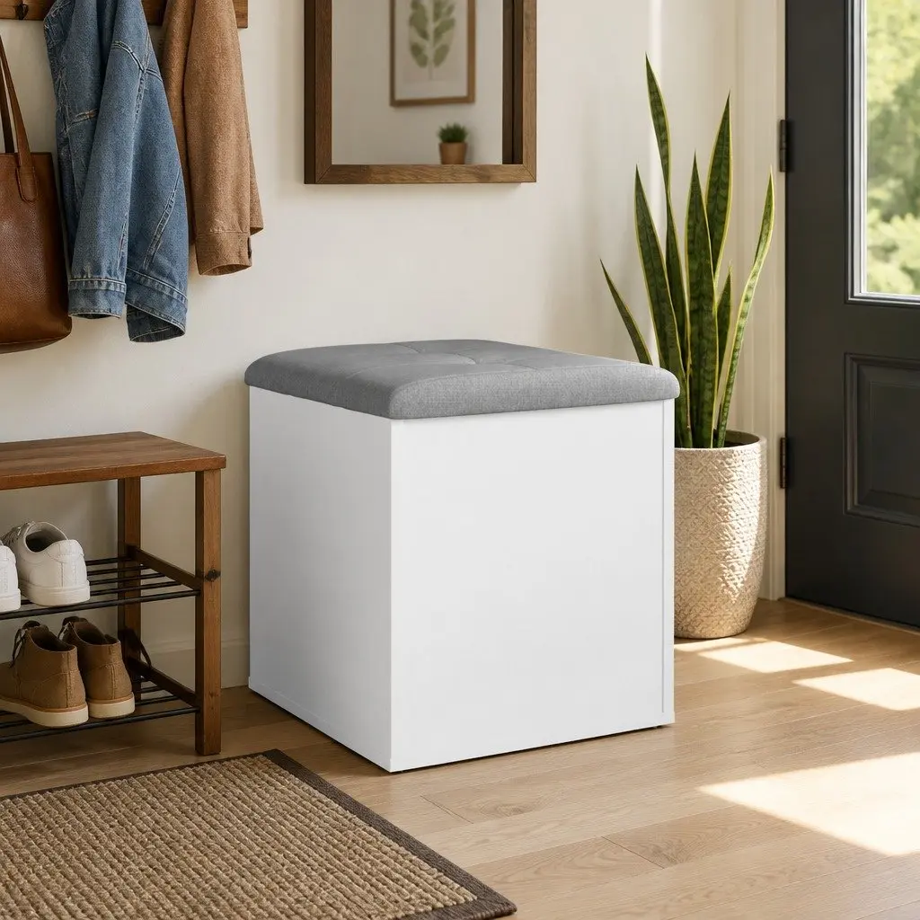 Storage Bench White Padded Seat 42x42x45 cm
