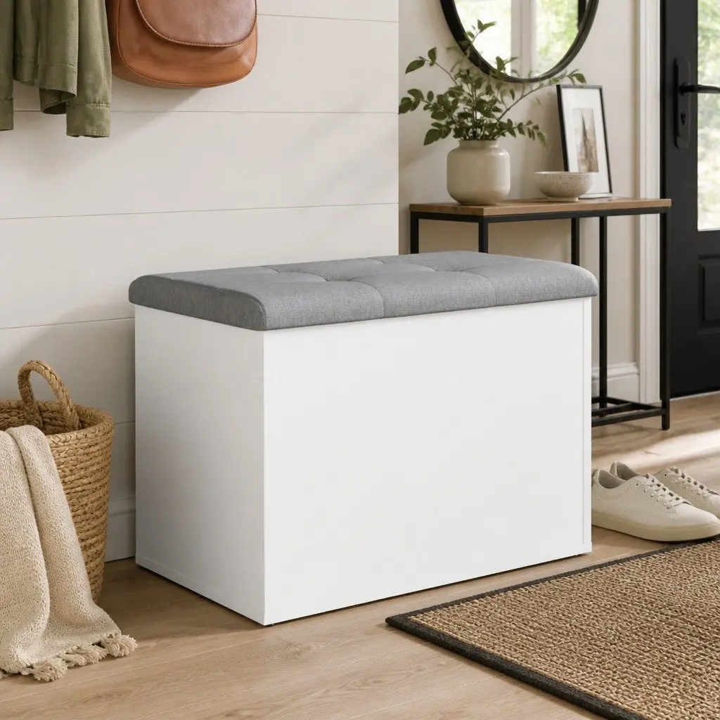 Storage Bench White Padded Cushion Lid for Hallway Entryway Seating
