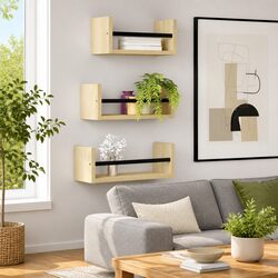 Wall Shelf Set 3 Piece Floating Shelves with Bars Brown Storage Display