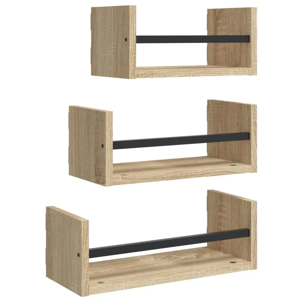 Wall Shelf Set 3 Piece Floating Shelves with Steel Bars Brown
