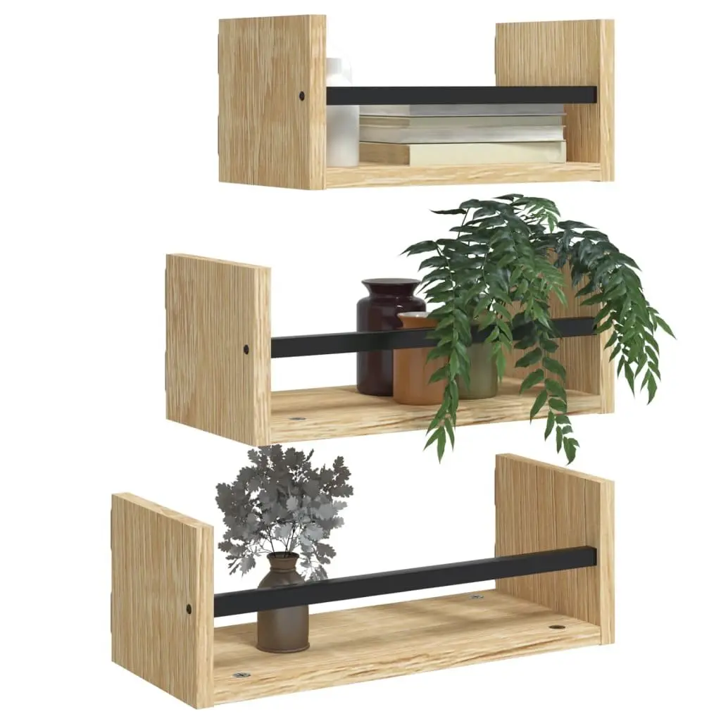 Wall Shelf Set 3 Piece Floating Shelves with Steel Bars Brown
