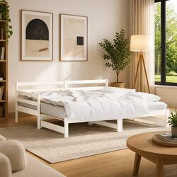 White Solid Wood Daybed with Trundle Guest Bed Frame Sofa 90x190 cm Storage