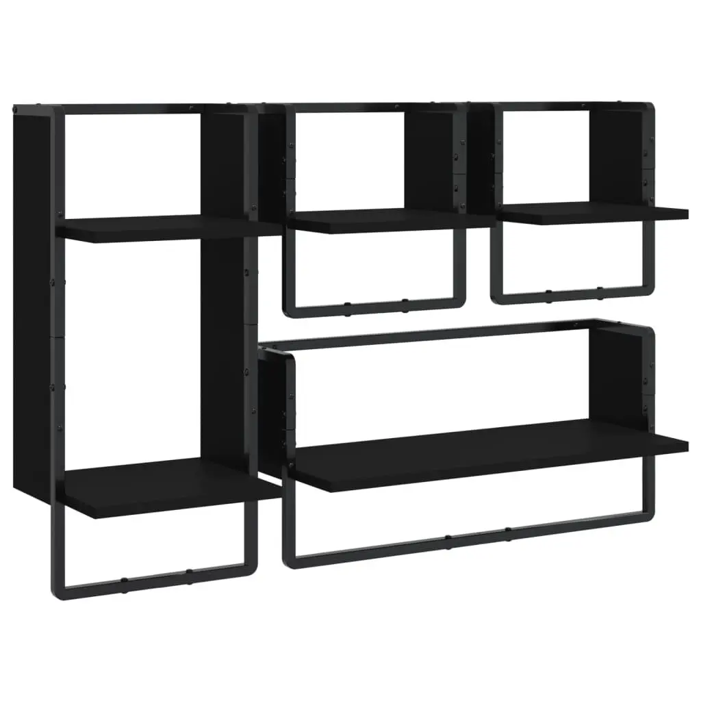 Wall Shelf Set Floating Display Shelves 4 Piece Black Engineered Wood