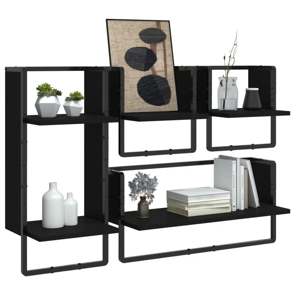 Wall Shelf Set Floating Display Shelves 4 Piece Black Engineered Wood