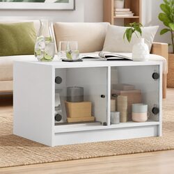 White Coffee Table with Glass Doors Storage Living Room Furniture 68x50x42cm