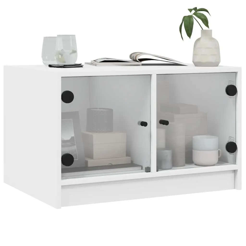 Coffee Table with Glass Doors Storage 68x50x42cm White