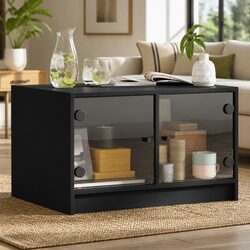 Coffee Table with Glass Doors Black Storage Accent Living Room Furniture