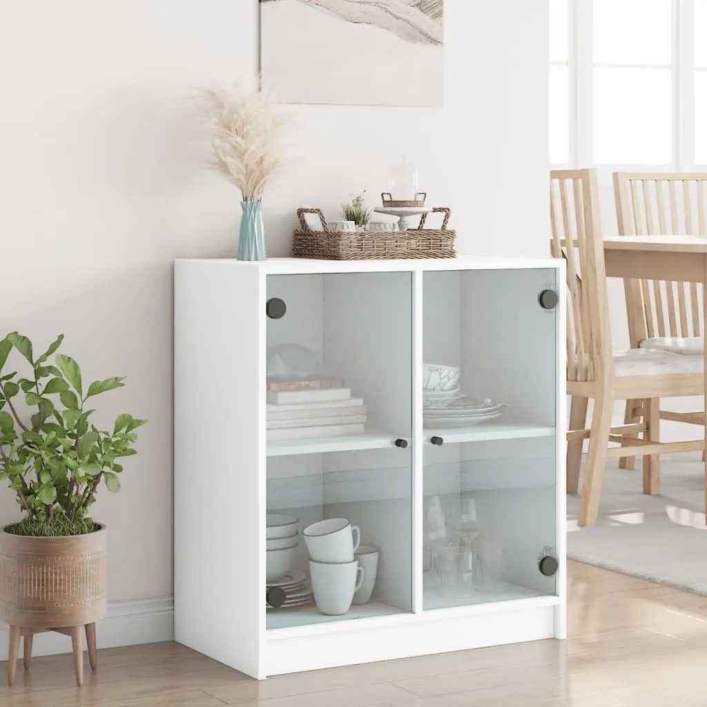 Side Cabinet Glass Doors White Storage Cupboard 68x37x75.5cm