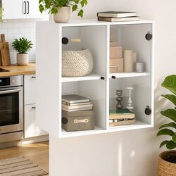 Wall Cabinet with Glass Doors White Storage Unit 68x37x68.5cm Floating Shelving