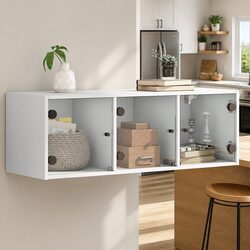 Wall Cabinet with Glass Doors White Storage Unit 102x37x35cm Wall-Mounted