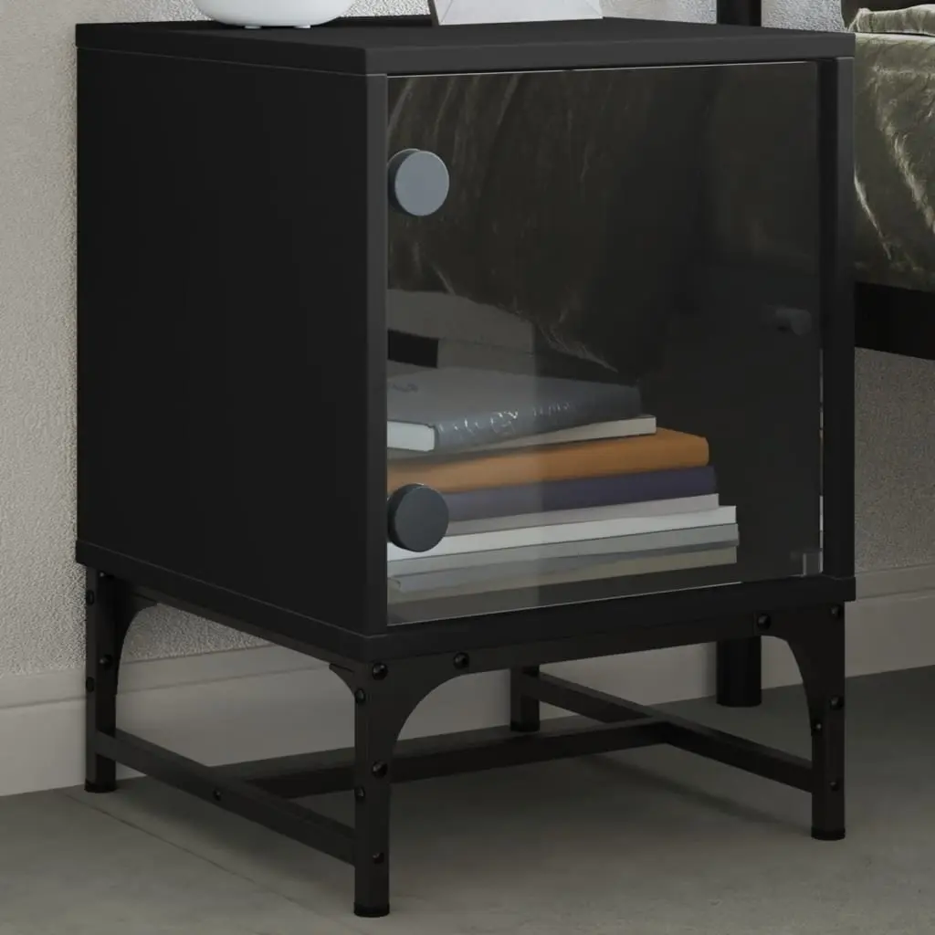 Bedside Tables with Glass Doors 2 Piece Black Engineered Wood Storage Cabinets