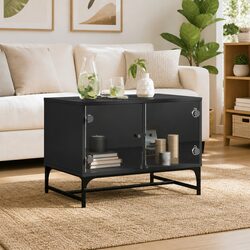Coffee Table Black with Glass Doors Storage Display Accent Living Room Furniture