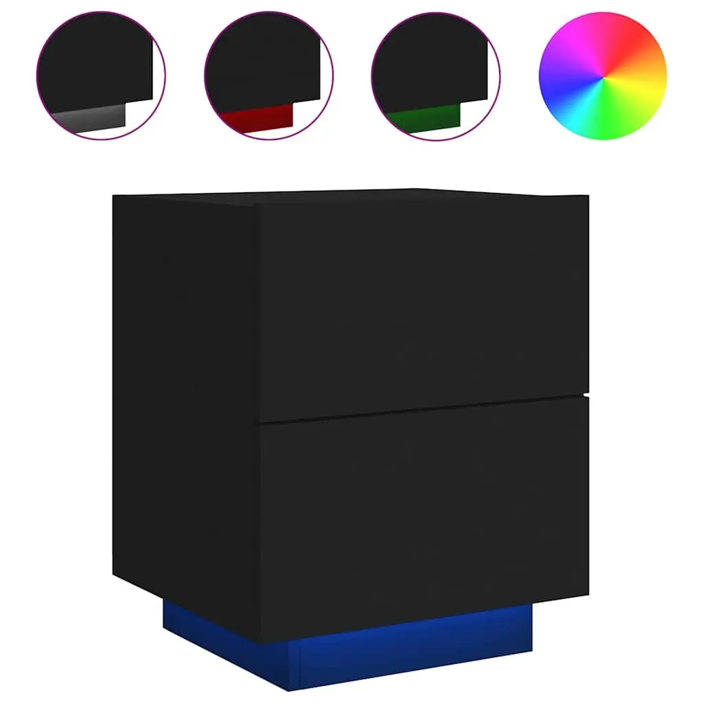 Bedside Cabinet RGB LED Lights Black Engineered Wood Storage Nightstand with Drawers