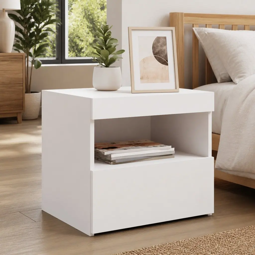 Bedside Table with LED Lights Modern Storage Cabinet 2 pcs White Engineered Wood