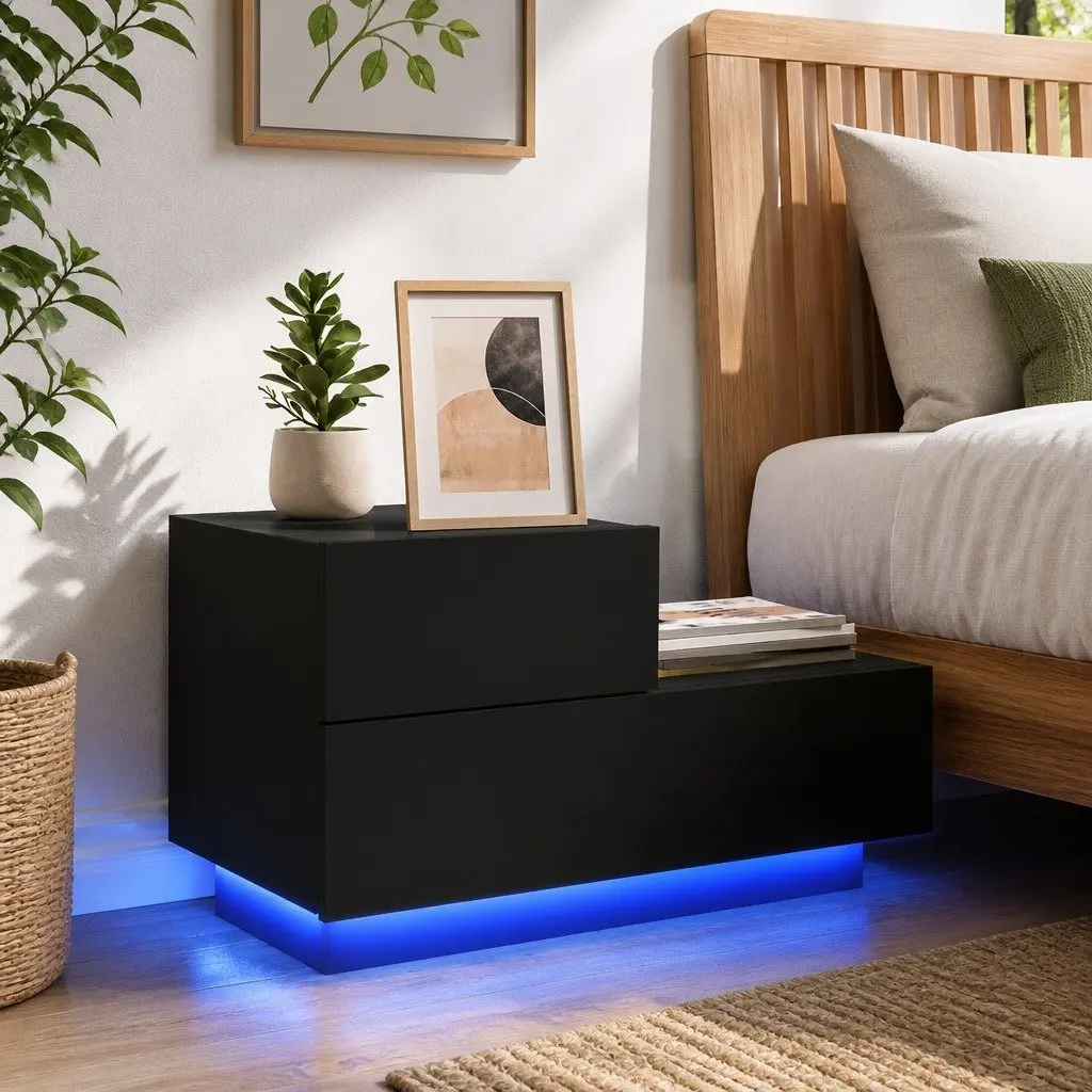 Bedside Cabinet RGB LED Lights Black Storage Table 70x36x40.5cm