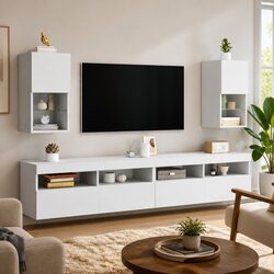 TV Cabinets with RGB LED Lights Wall-Mounted Media Storage Units Set of 2 White
