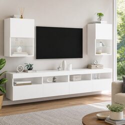 TV Cabinet with RGB LED Lights Wall-Mounted Media Storage Unit White