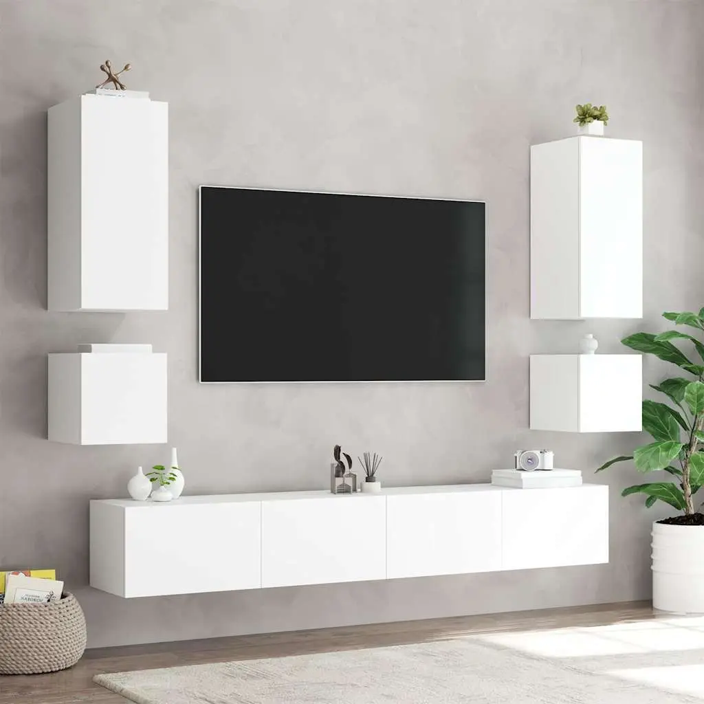 TV Wall Cabinets RGB LED Lights White Floating Media Storage Unit 2 pcs