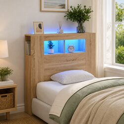 LED Headboard Brown Engineered Wood RGB Lights Modern Bedroom Furniture Storage