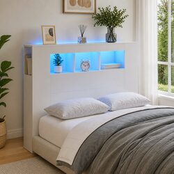 LED Headboard 120cm White Engineered Wood Bedroom Backrest Storage Display