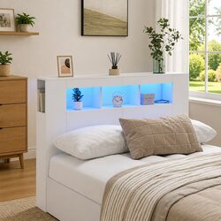 LED Headboard White 140 cm Engineered Wood Modern Bedroom Bed Furniture Storage