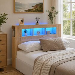 LED Headboard 140 cm Brown Engineered Wood Modern Bedroom Furniture Storage