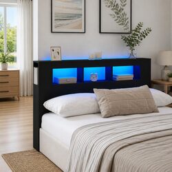 LED Headboard 160 cm Black Engineered Wood Modern Bedroom Bed Header with RGB