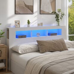 LED Headboard White 180cm Modern Bedroom Engineered Wood RGB Lights Storage Top