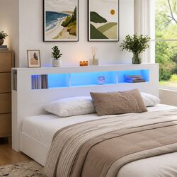 LED Headboard 220 cm White Modern Bedroom Engineered Wood RGB Lighting Storage