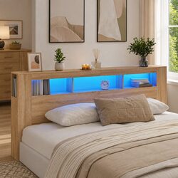 LED Headboard 220cm Modern Bedroom Engineered Wood RGB Lights Storage Display
