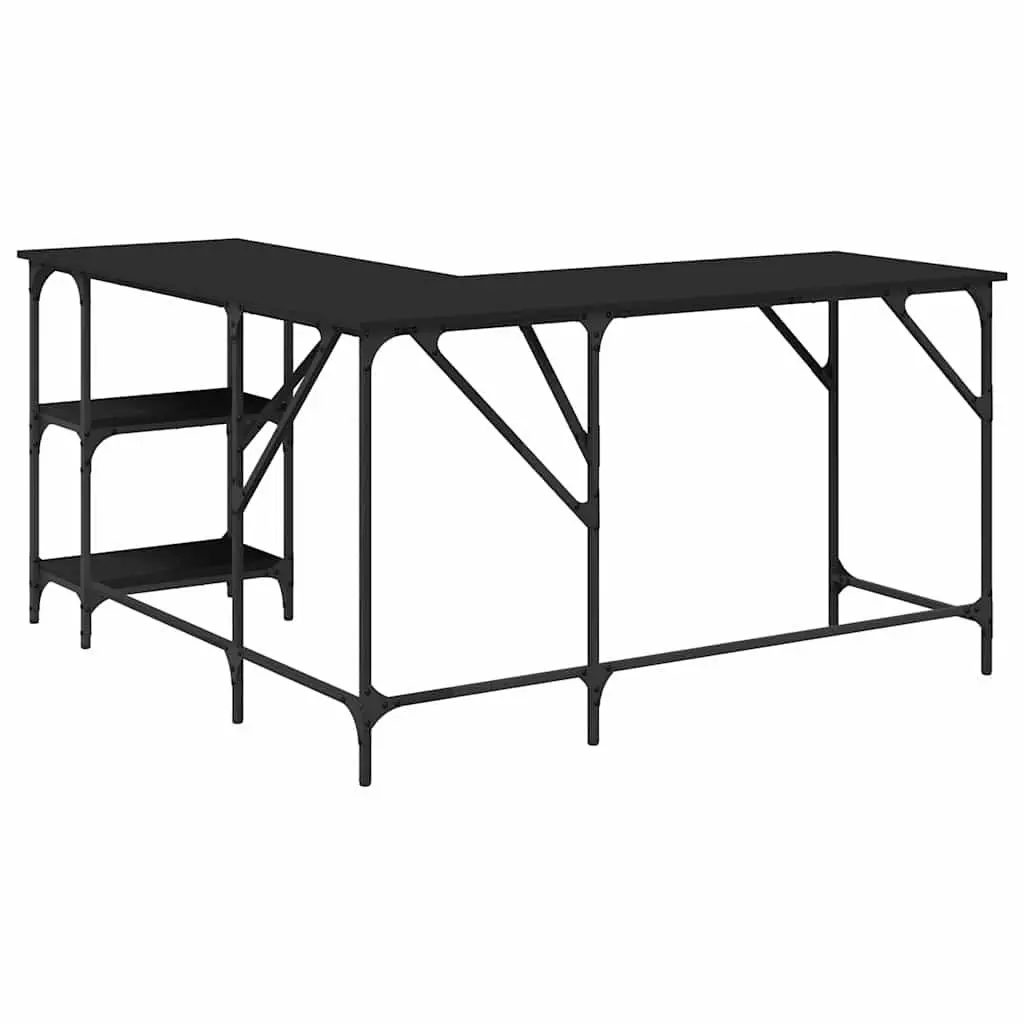 L-Shaped Corner Desk with Shelves Storage Black Engineered Wood Metal Frame