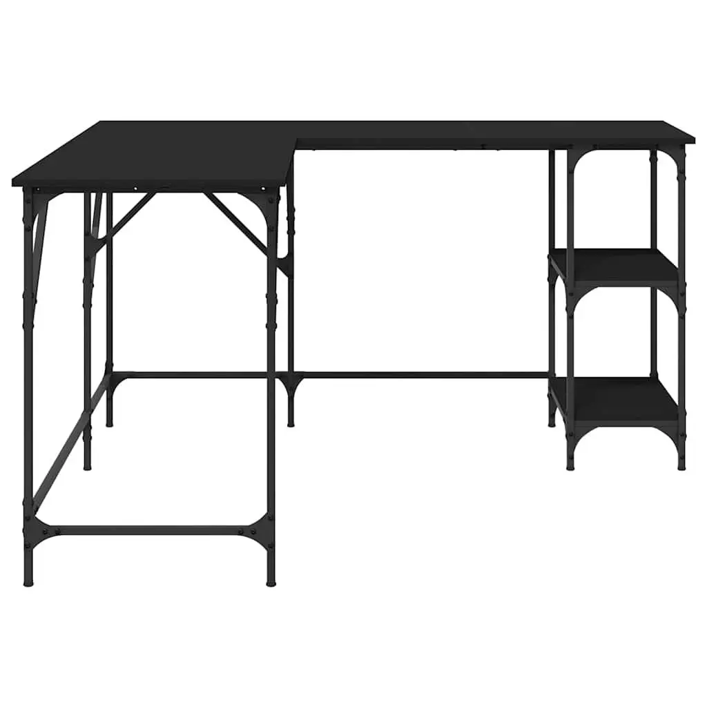 L-Shaped Corner Desk with Shelves Storage Black Engineered Wood Metal Frame