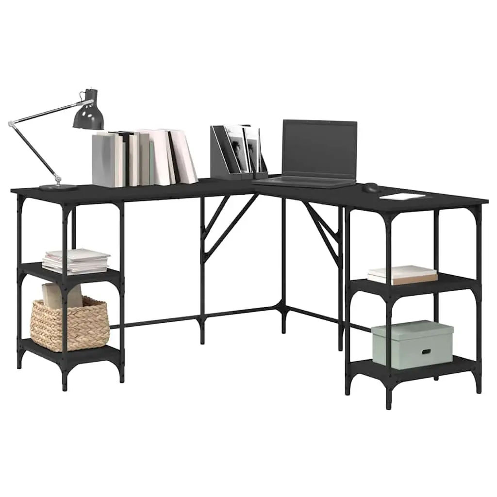 L-Shaped Computer Desk with Shelves Storage Office Writing Table Black