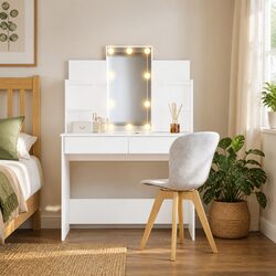 Dressing Table with LED Mirror Lights White Makeup Vanity Bedroom Storage