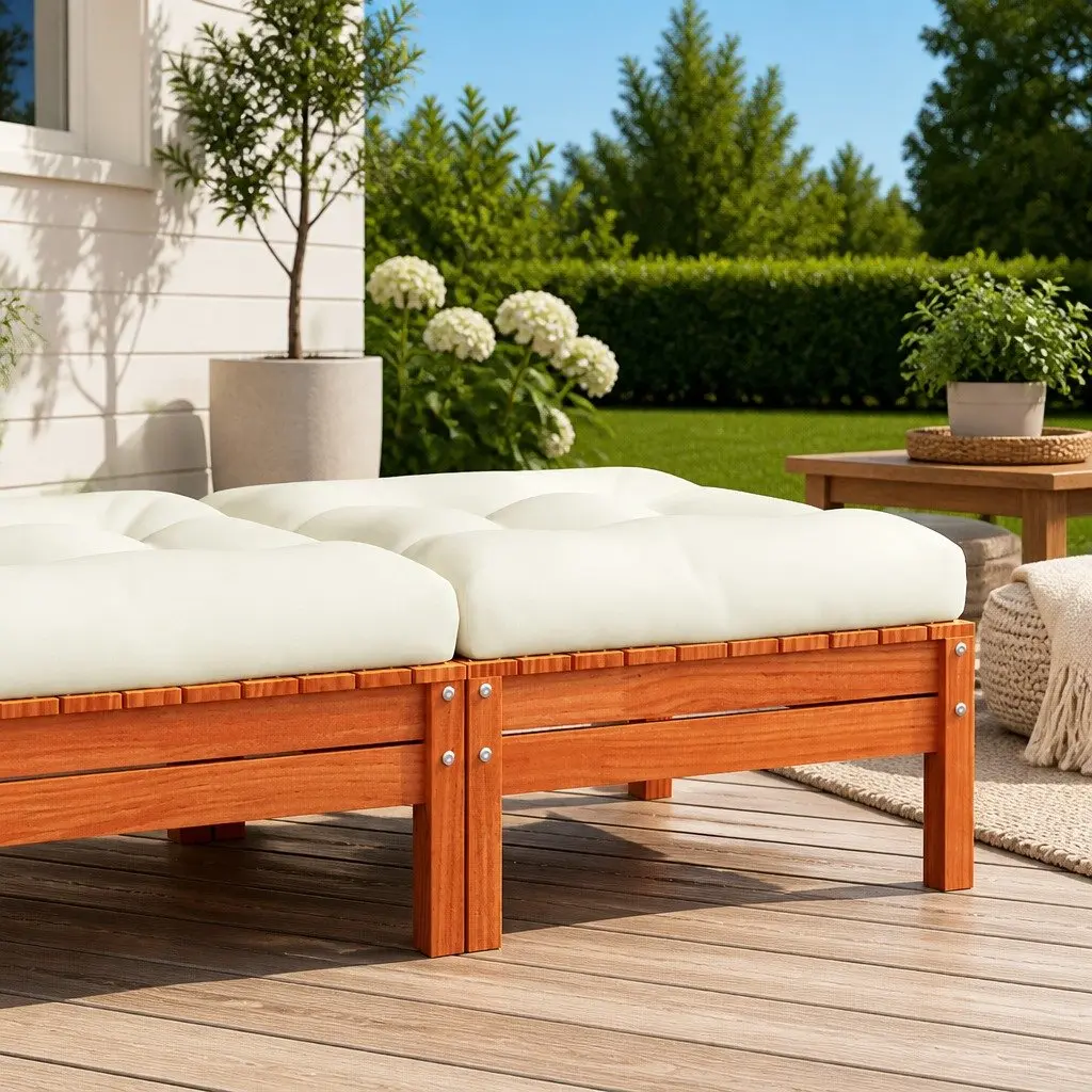 Garden Footstool Solid Pine Wood Brown Outdoor Ottoman with Cushion