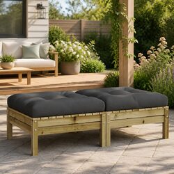Outdoor Garden Footstools with Cushions 2 Pieces Solid Wood Patio Ottoman