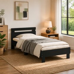 Bed Frame with Headboard Black 90x190 cm Engineered Wood Slat Support