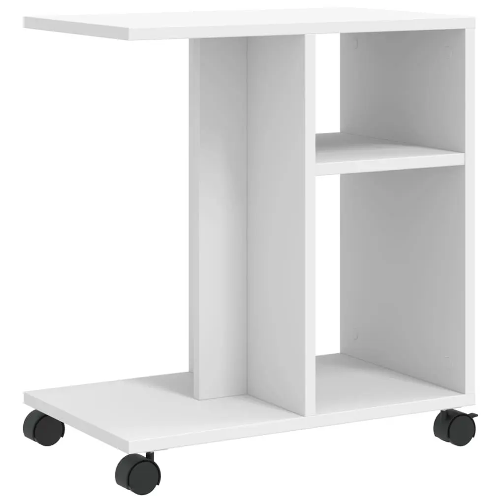 End Table with Storage and Wheels White Engineered Wood