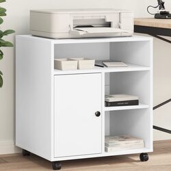 Printer Stand with Wheels White Storage Shelf Office Organiser Mobile Cabinet